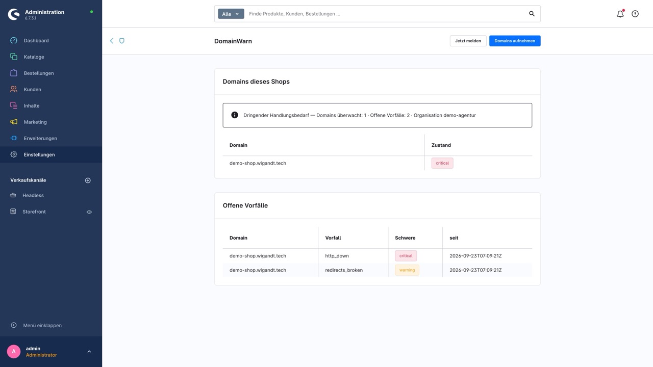 Shopware-Admin, Einstellungen → DomainWarn: die Domain des Shops mit Zustand „critical“ und zwei offene Vorfälle mit Schwere und Beginn.